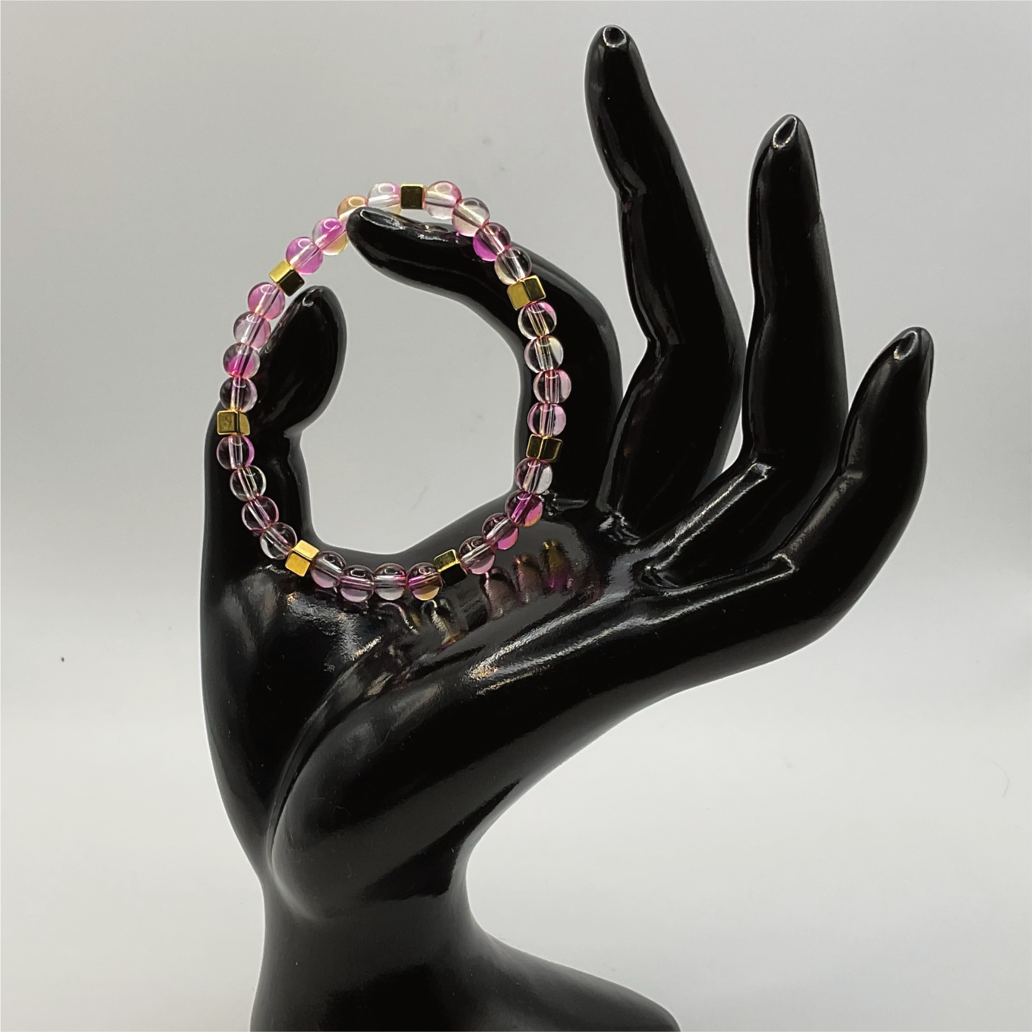 Yellow Pink Clear Glass Bracelet with Gold Square Spacers