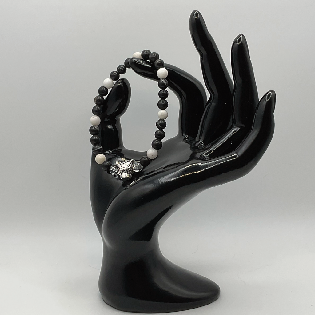 Clear and Milky Quartz Black Agate Jaguar Charm Bracelet
