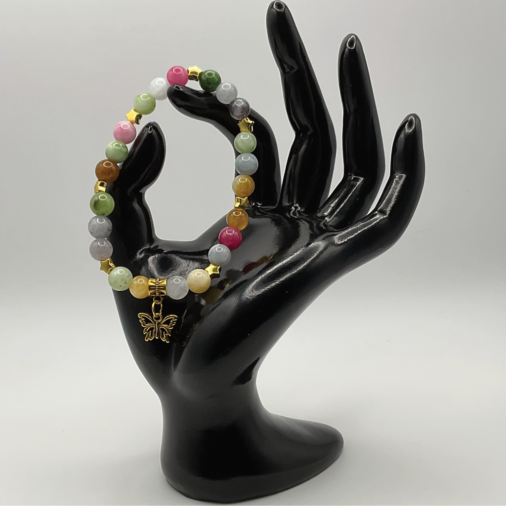 Multi-colored Tourmaline Butterfly Charm Bracelet w/ Gold Tone Spacers