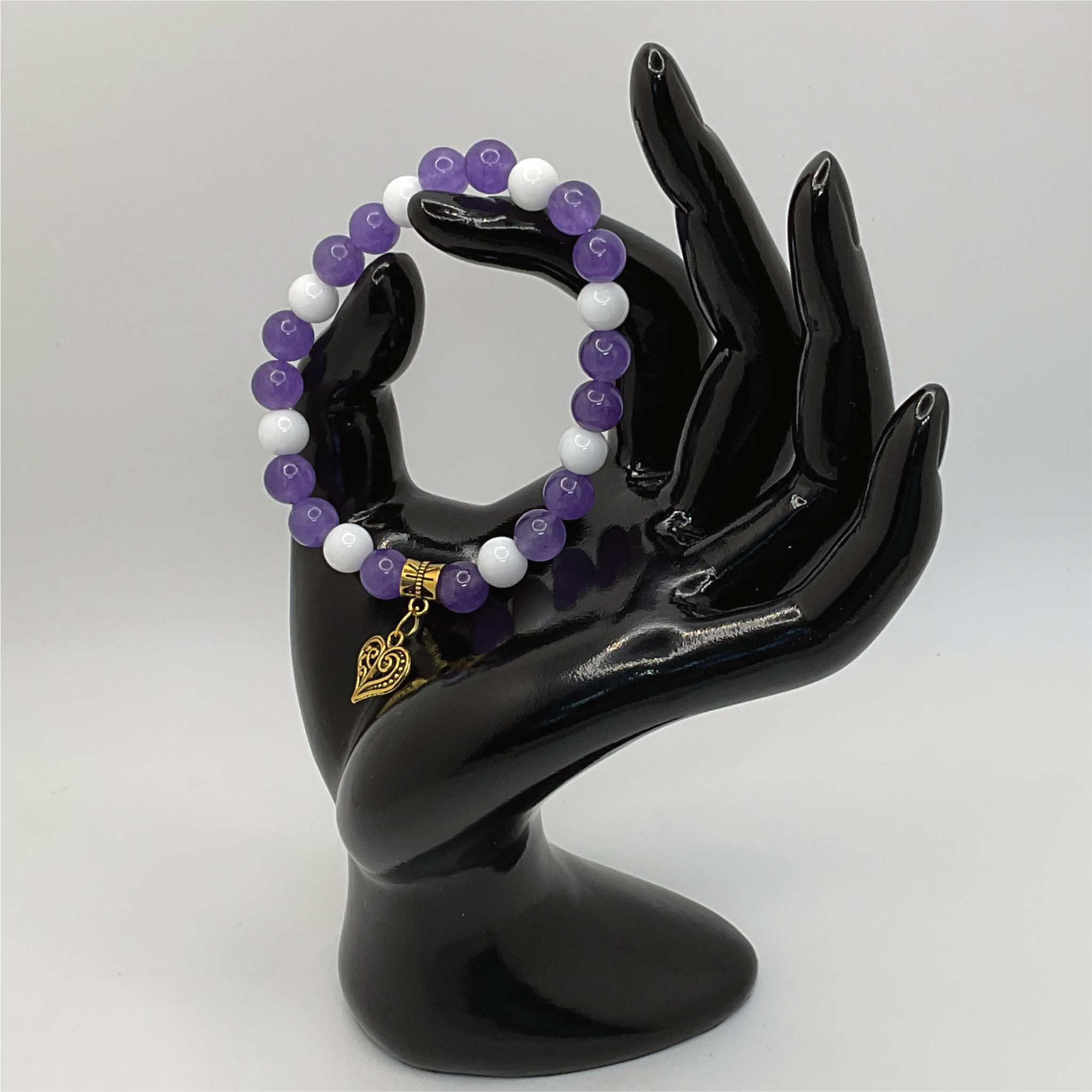 Milky Quartz Amethyst Heart Charm Bracelet