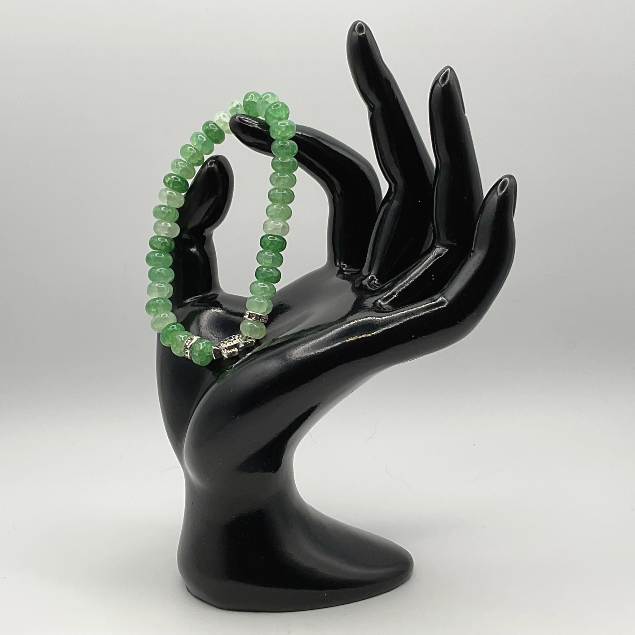 Jadeite Turtle Charm Bracelet with Silver Tone Crystal Spacers