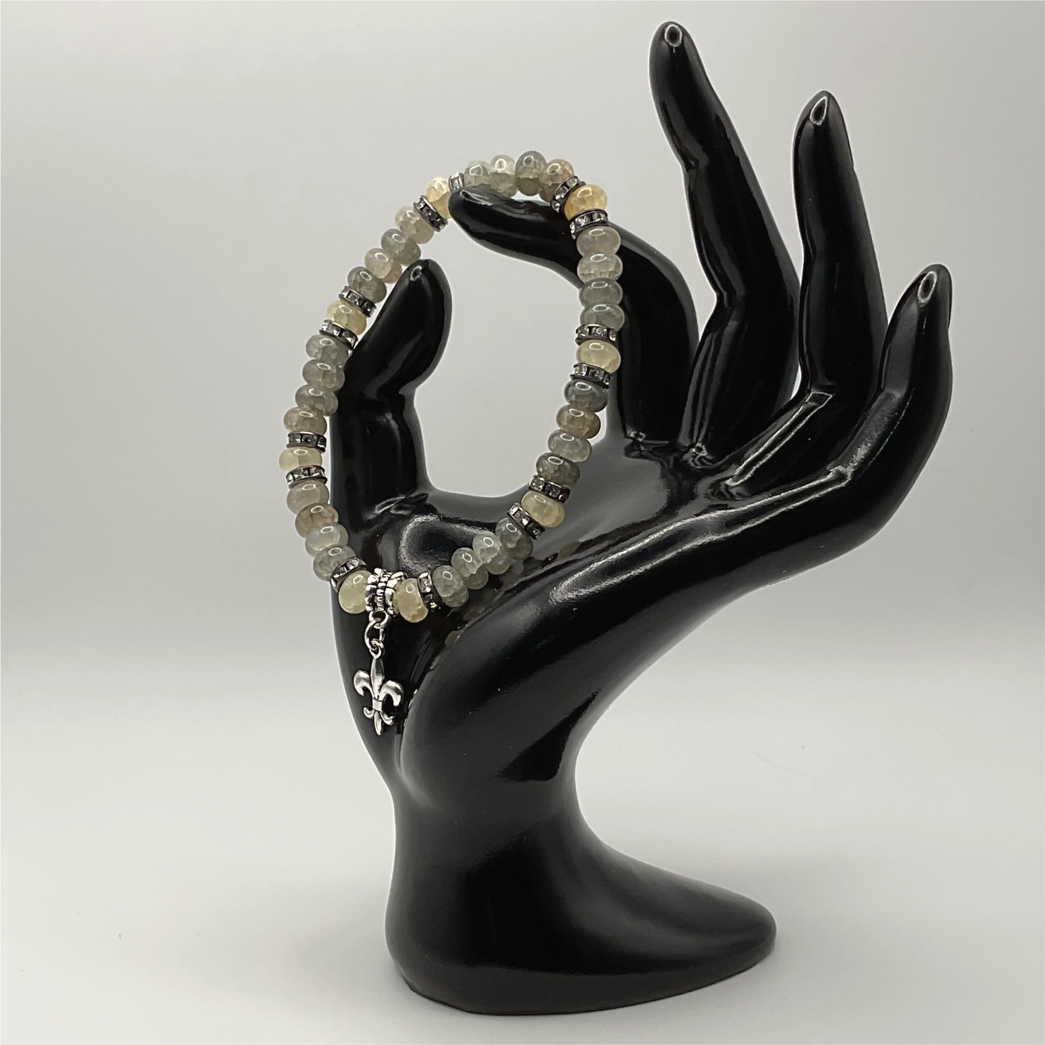 Aquamarine Beryl Grey Fleur'd'lis Charm Bracelet with Silver Tone Black Spacers