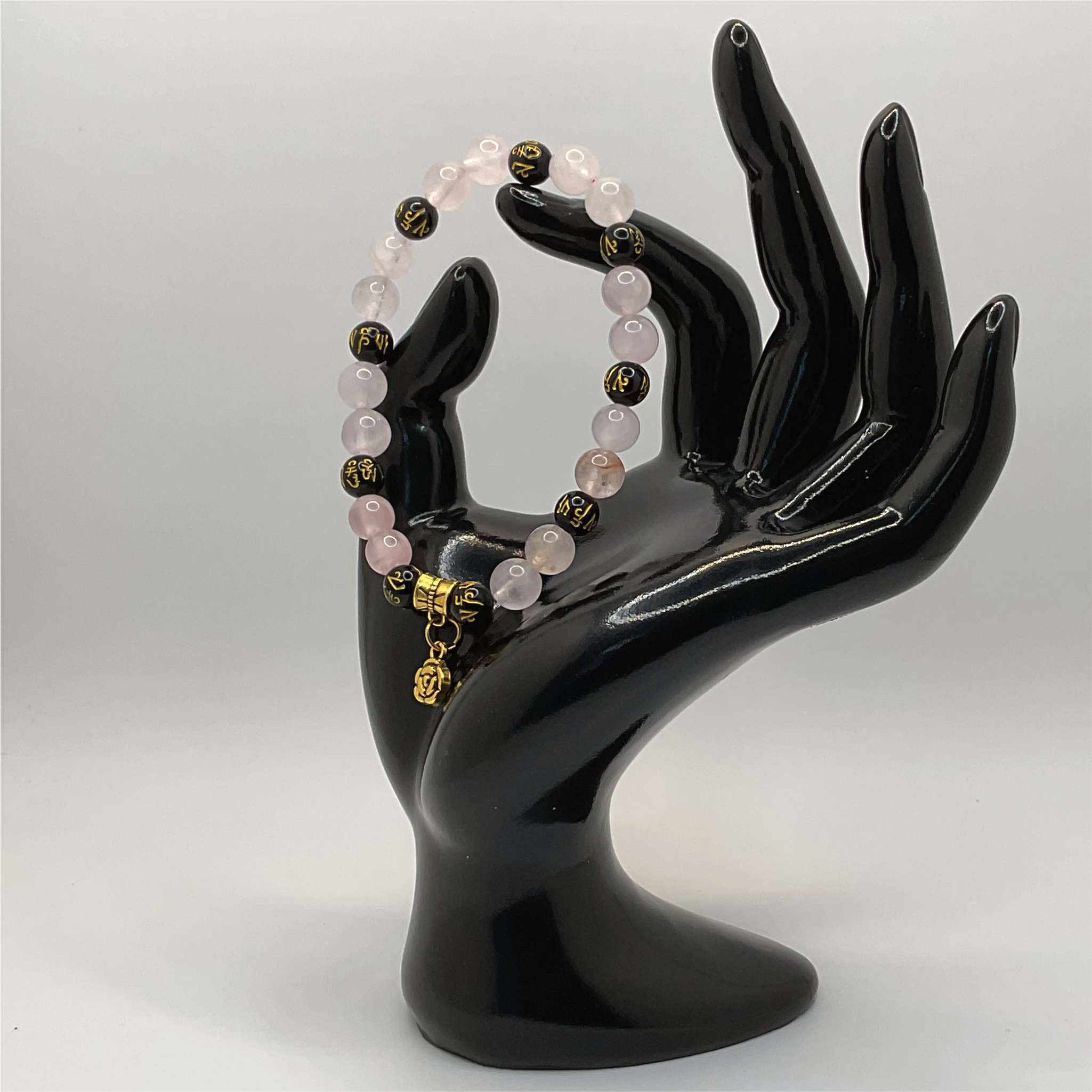 Rose Quartz Black Pixiu Blossom Charm Bracelet