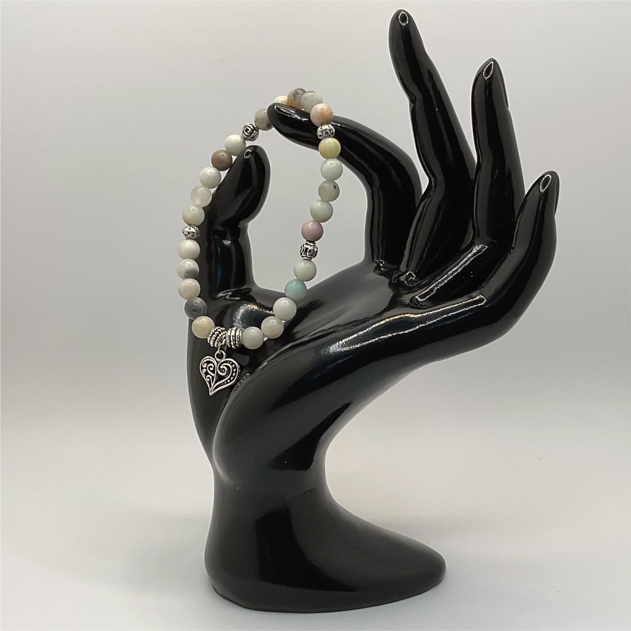 Dendritic Jasper Heart Charm Bracelet with Silver Spacers