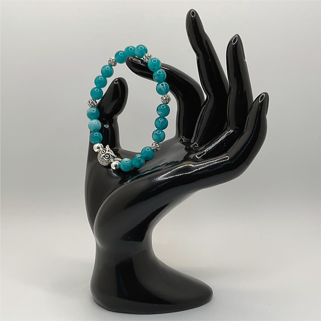 Teal Dragon Vein Agate Owl Charm Bracelet with Silver Spacers