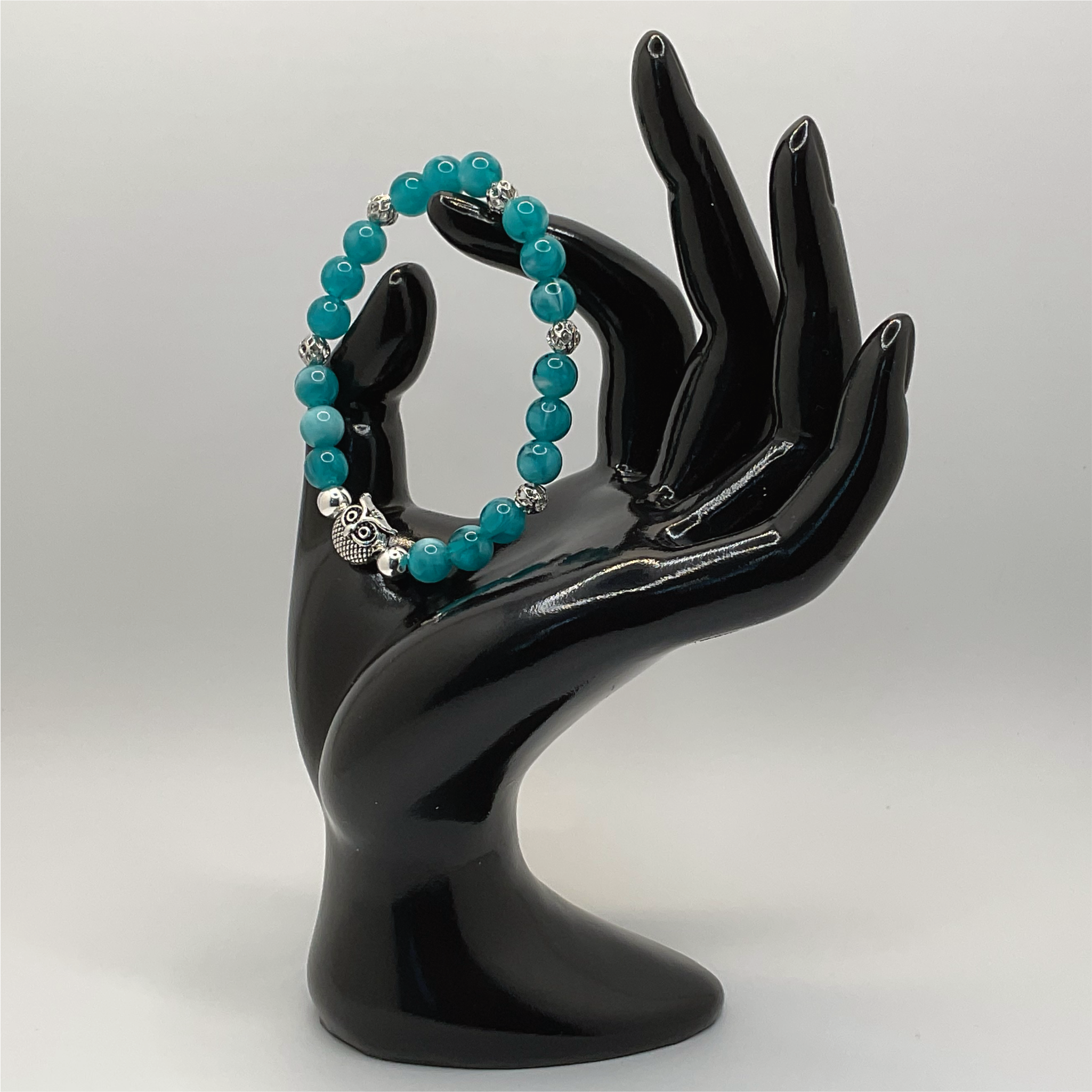 Teal Dragon Vein Agate Owl Charm Bracelet with Silver Spacers
