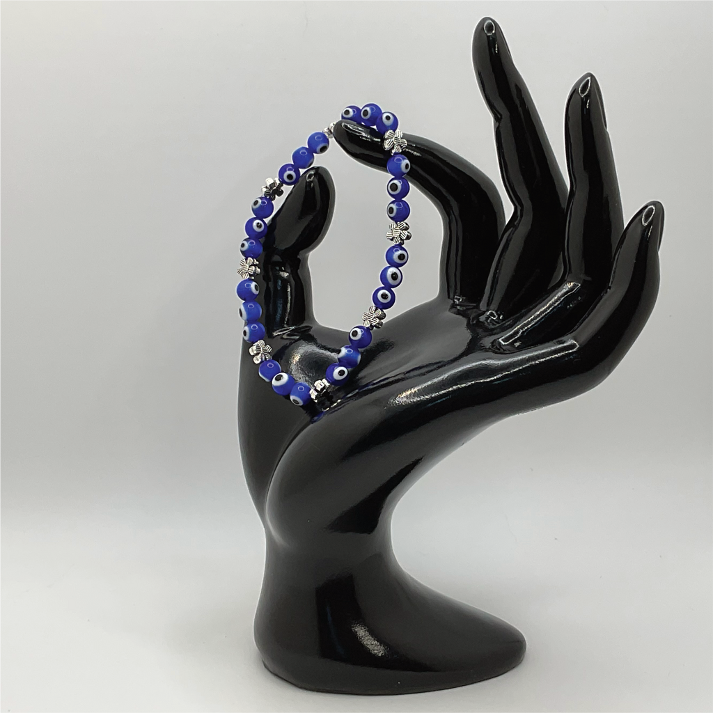 Blue Sea Glass Evil Eye Bracelet with Silver Flower Spacers