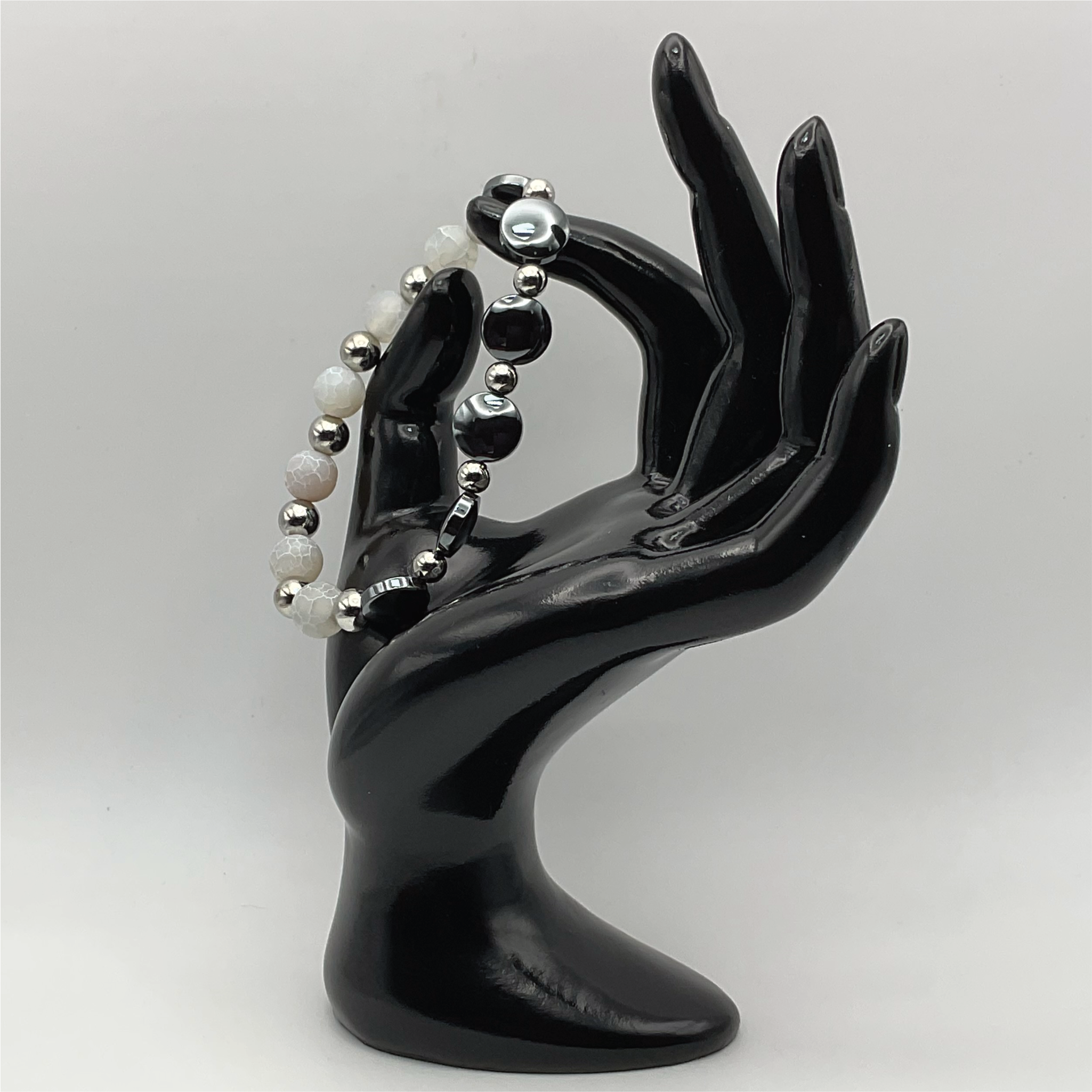 Dragon Vein Agate Onyx Bracelet with Silver Tone Spacers