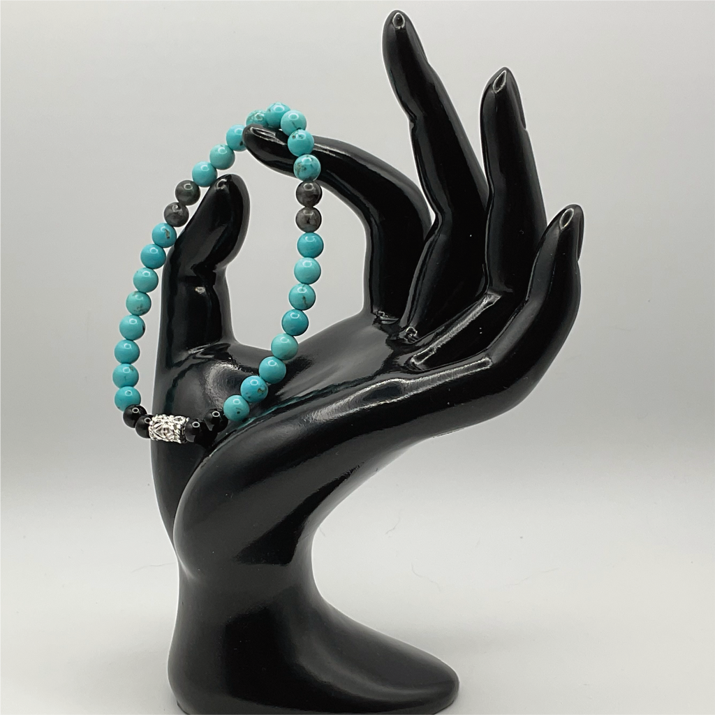Turquoise Howlite Black Agate Bracelet with Silver Tone Barrel Spacer