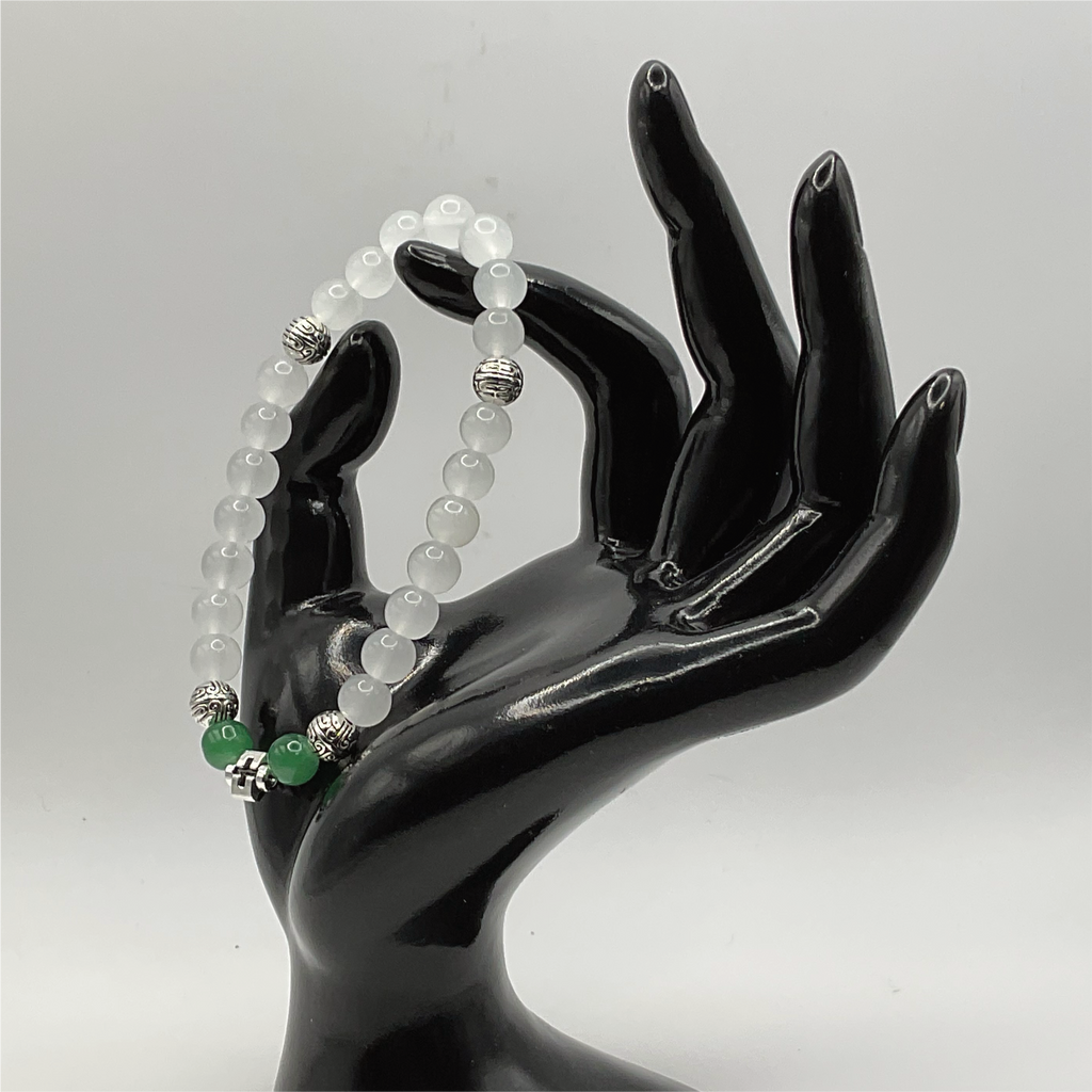 White Green Silver Charm Glass Bracelet with Silver Spacers