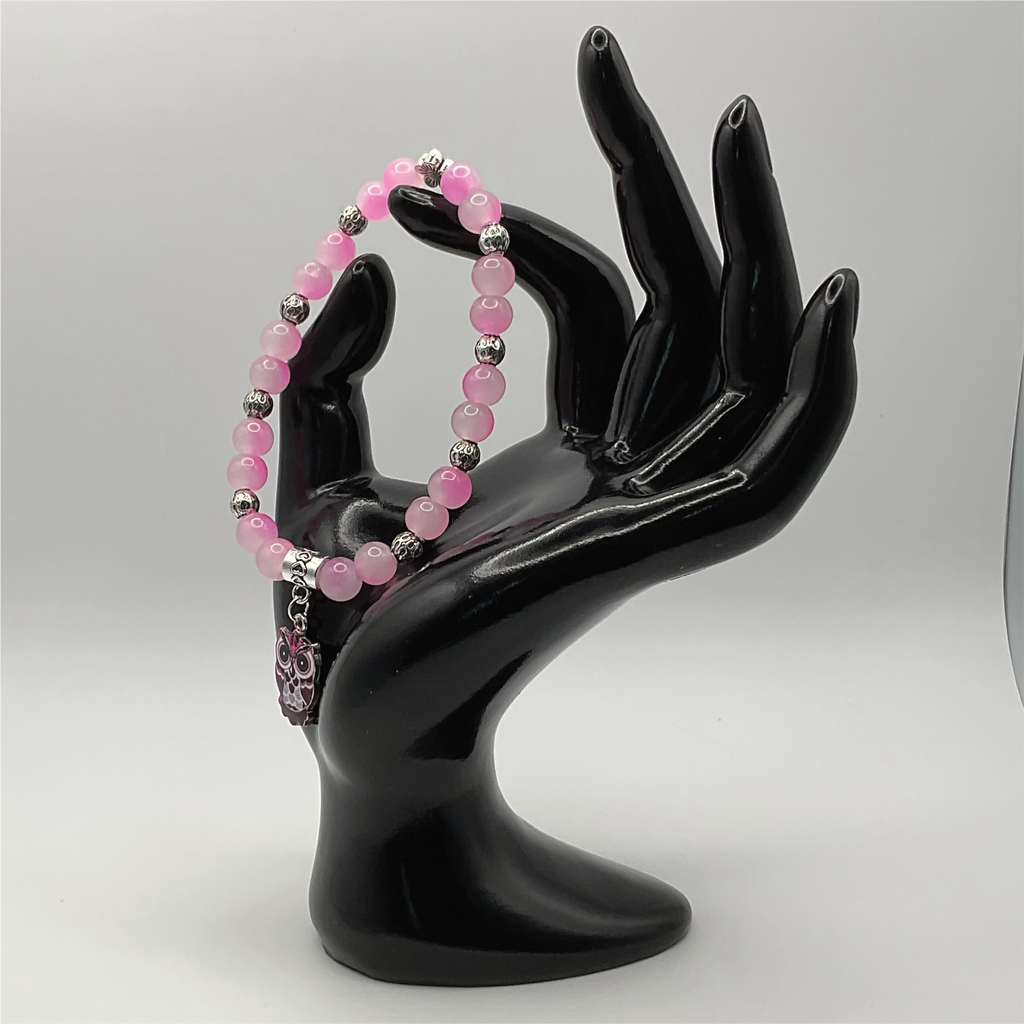 Pink Dragon Agate Owl Charm Bracelet with Silver Tone Spacers