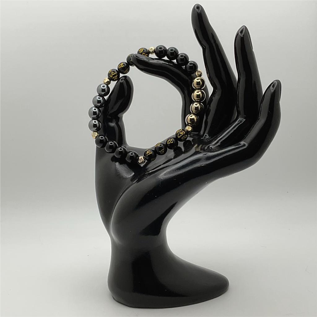 Pulsera Pixiu de Ágata Negra, Hematita Dorada y Plateada, y Citrino con Separadores Dorados