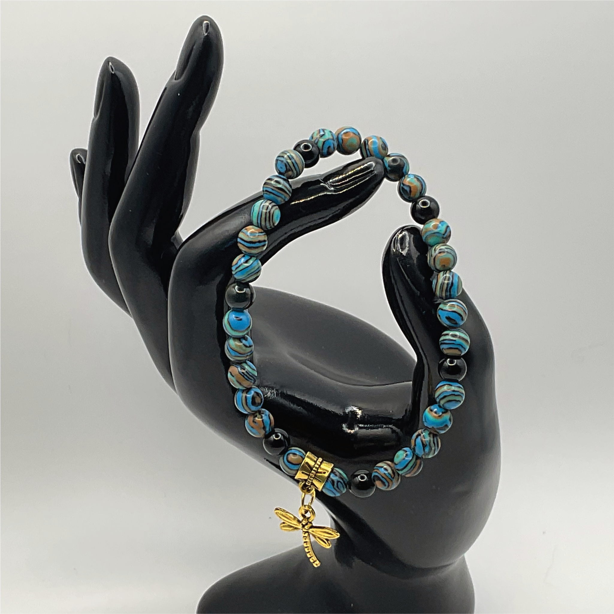 Rainbow Calsilica Dragon Vein Agate Dragonfly Charm Bracelet