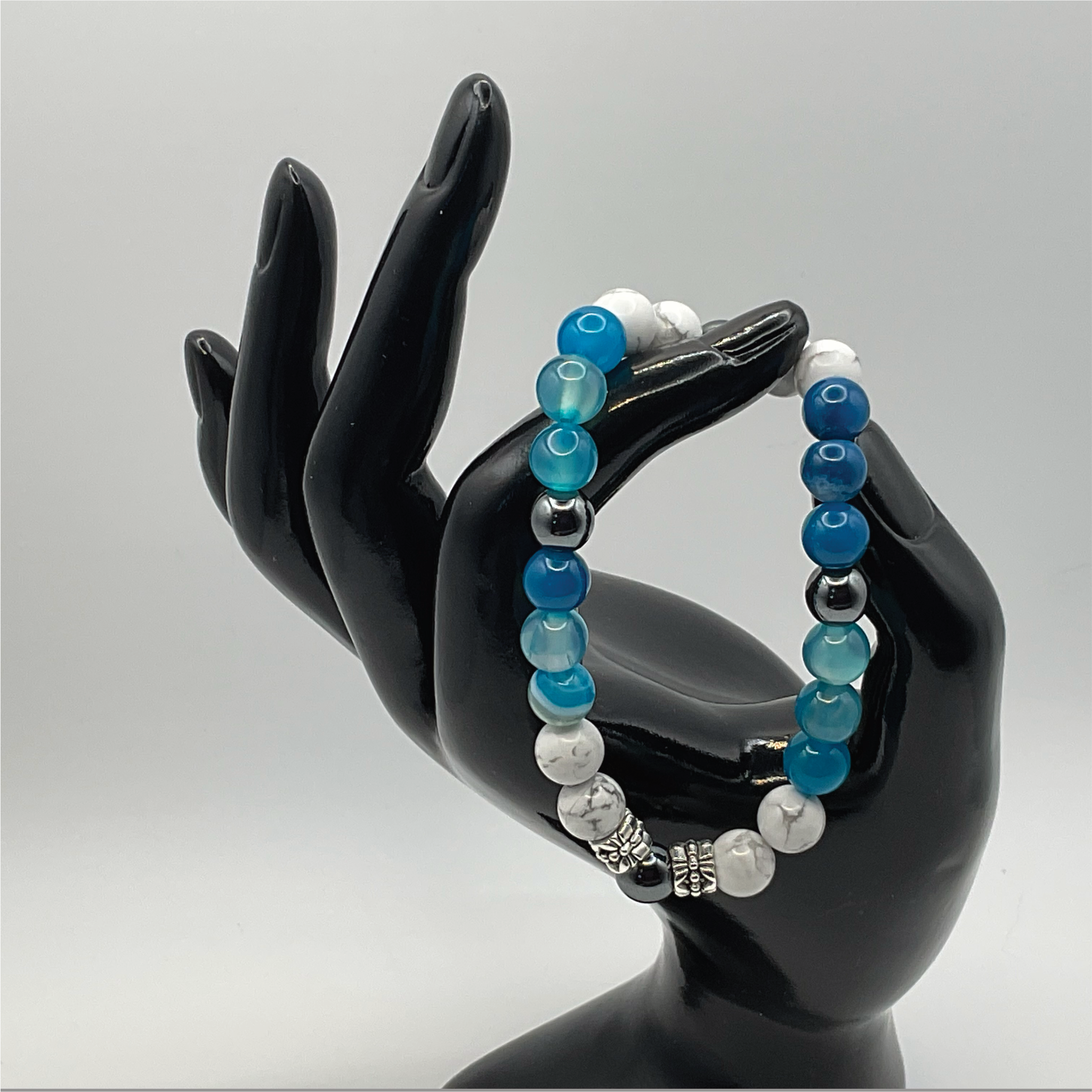 Blue Dragon Vein Agate Hematite Magnesite Bracelet with Silver Tone Spacers