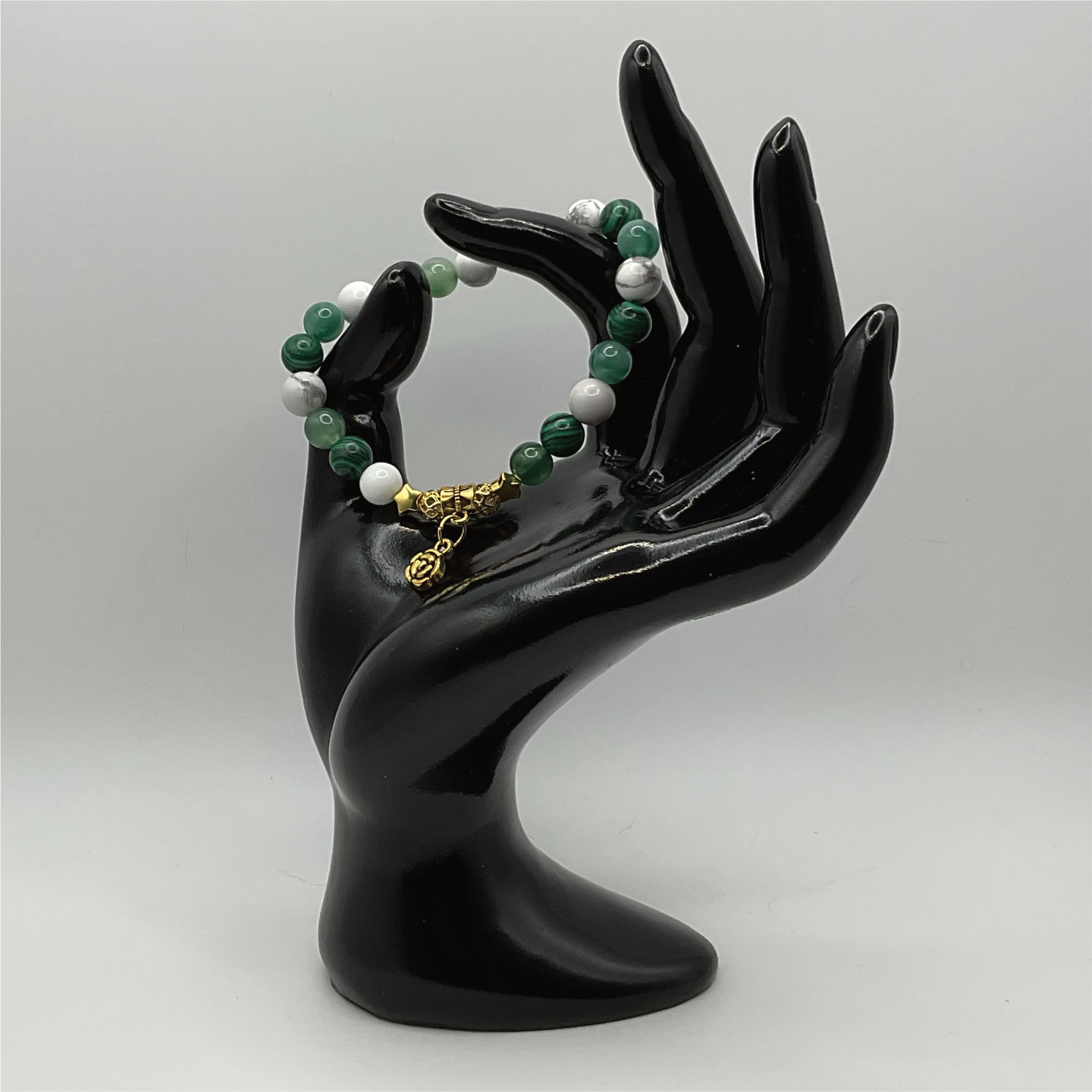 Magnesite Green Chalcedony Malachite Blossom Charm Bracelet with Gold Tone Star Spacers