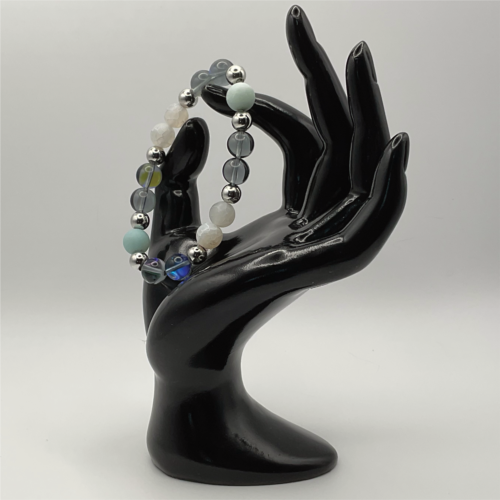 Blue Obsidian Dragon Vein Bracelet with Silver Tone Spacers