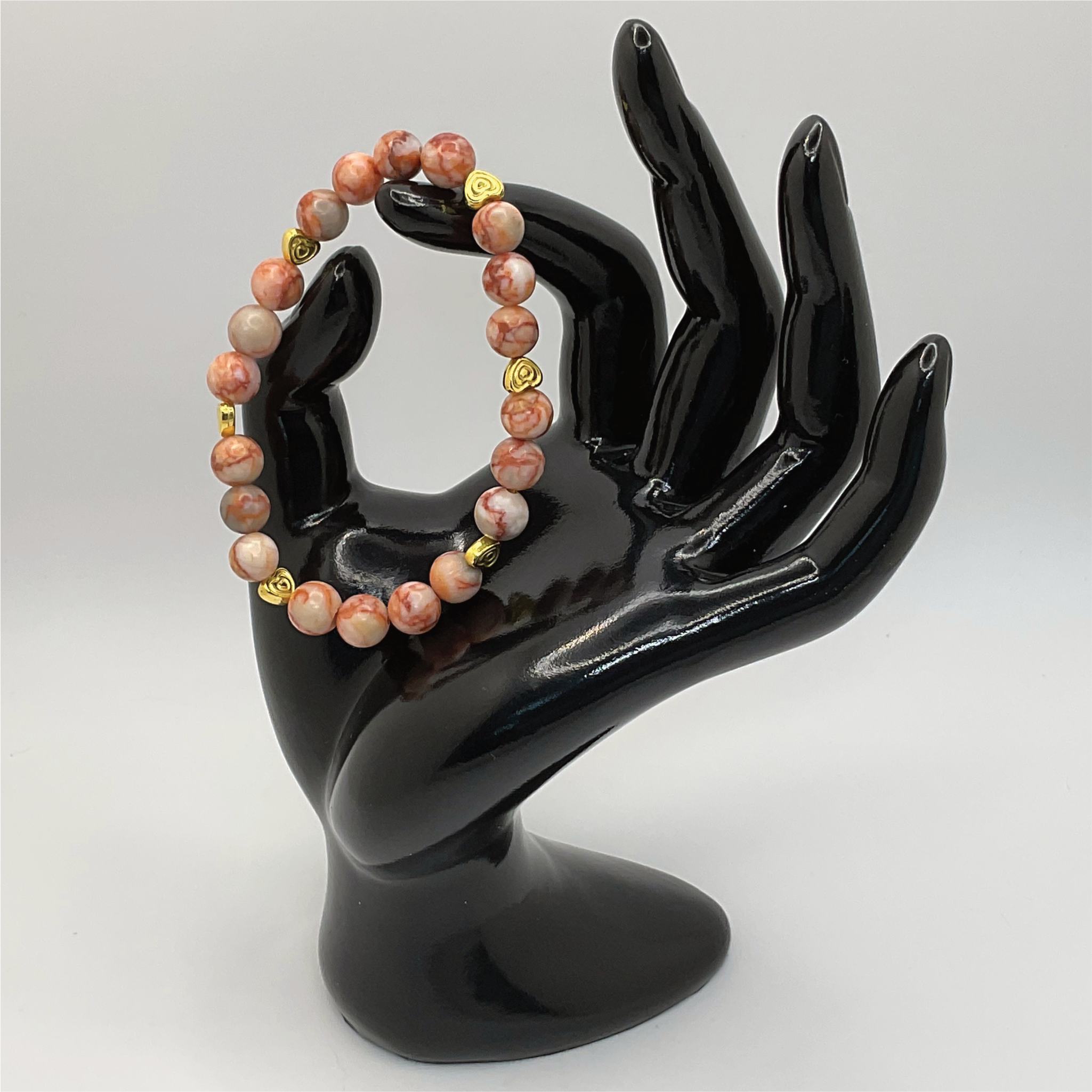 Marble Red Vein Jasper Bracelet with Gold Heart Spacers