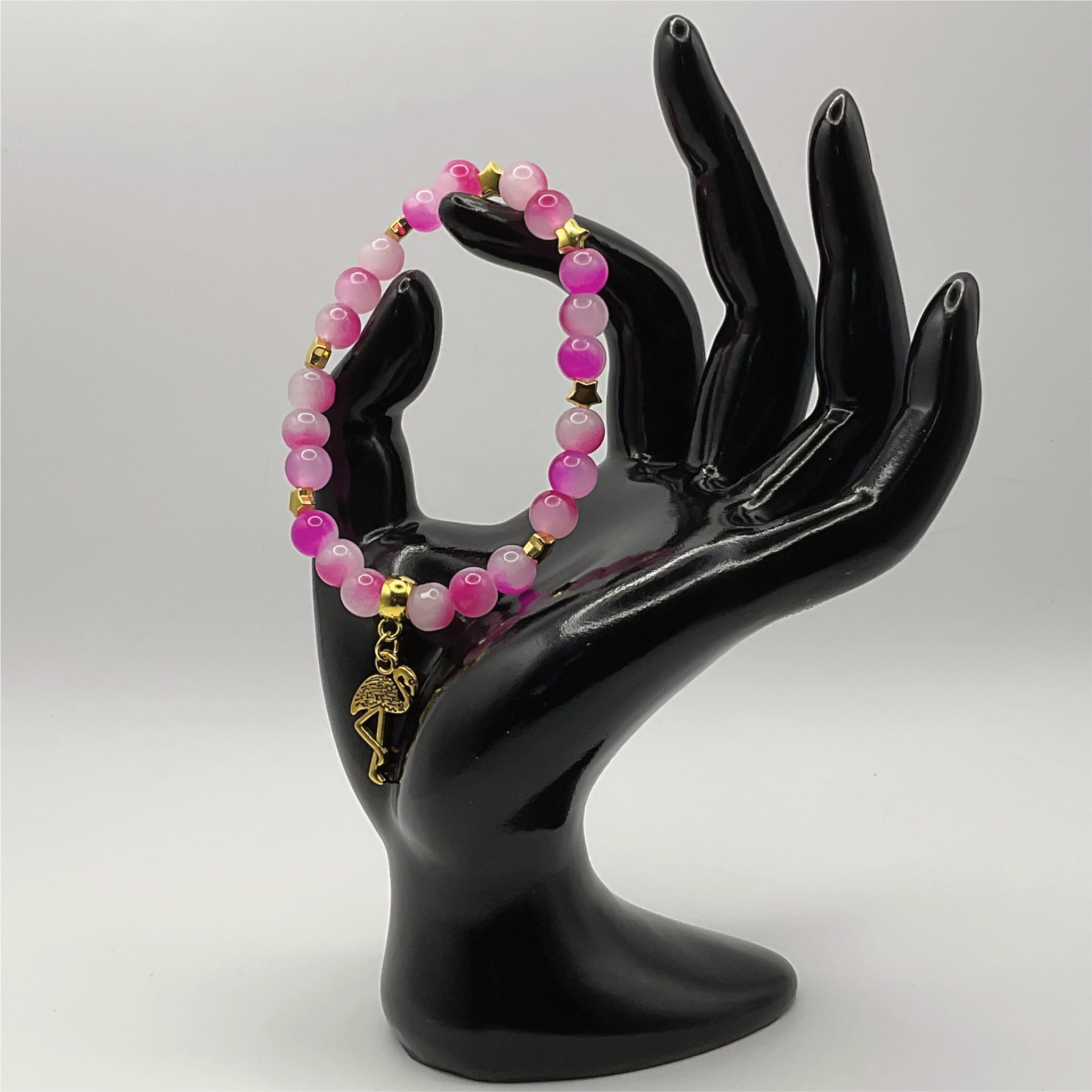 Pink Dragonvein Agate Flamingo Charm Bracelet with Gold Tone Spacers