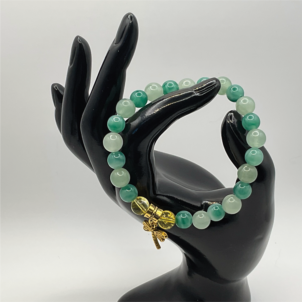 Green Chalcedony Amber Dragonfly Charm Bracelet