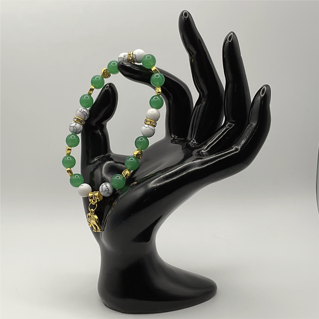 Green Chalcedony Magnesite Elephant Charm Bracelet with Gold Tone Heart Spacers