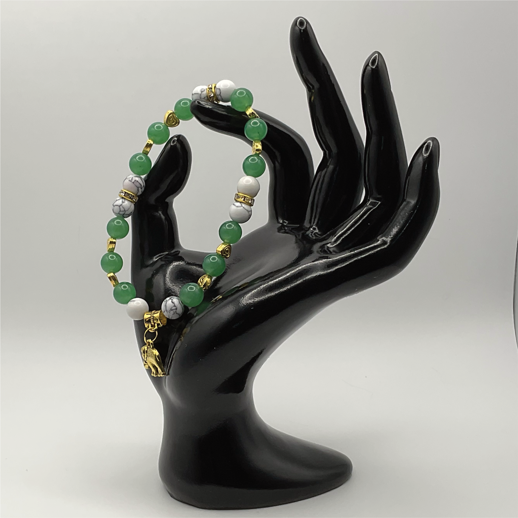 Green Chalcedony Magnesite Elephant Charm Bracelet with Gold Tone Heart Spacers