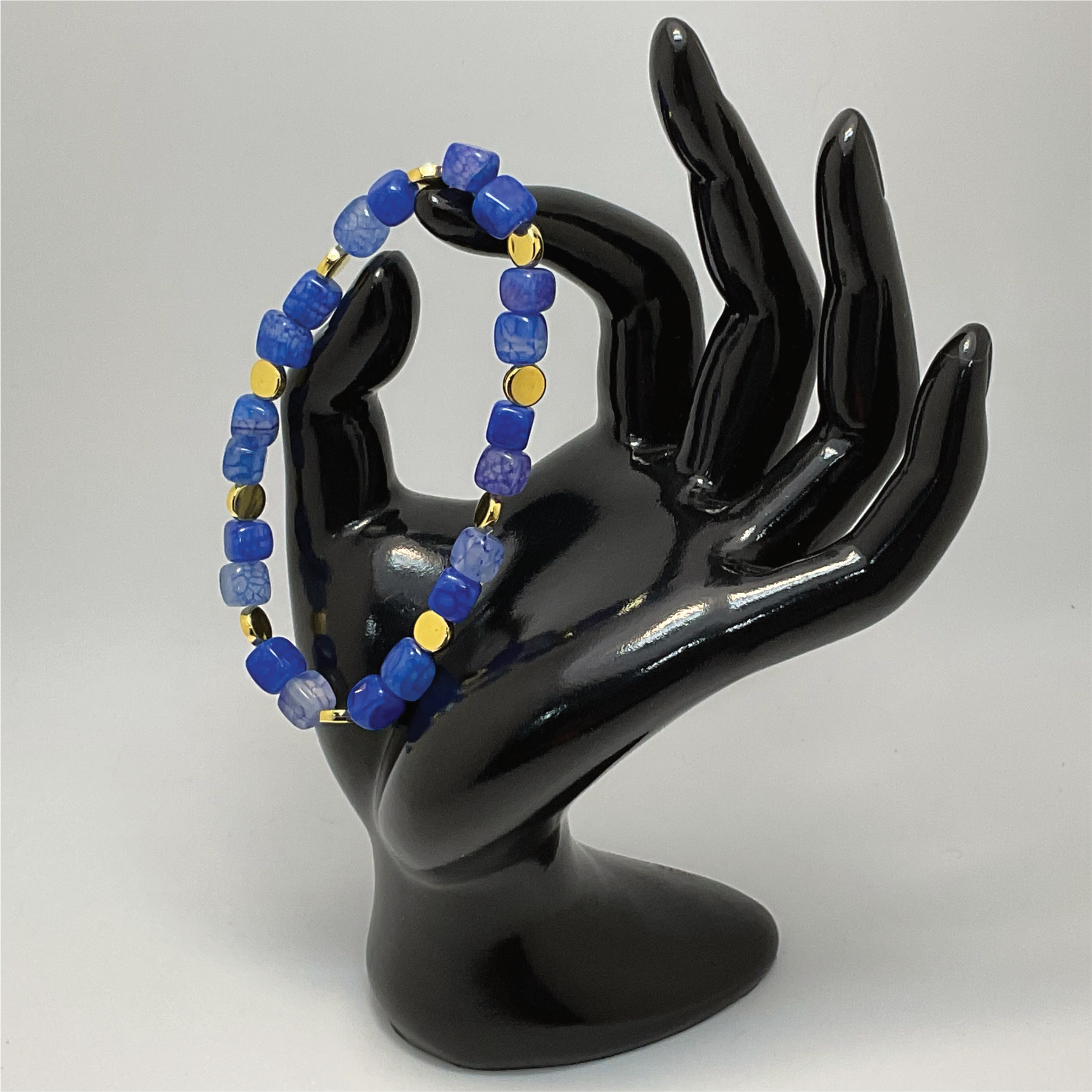 Pulsera de ágata Dragón Cuadrado Azul con separadores de disco dorados