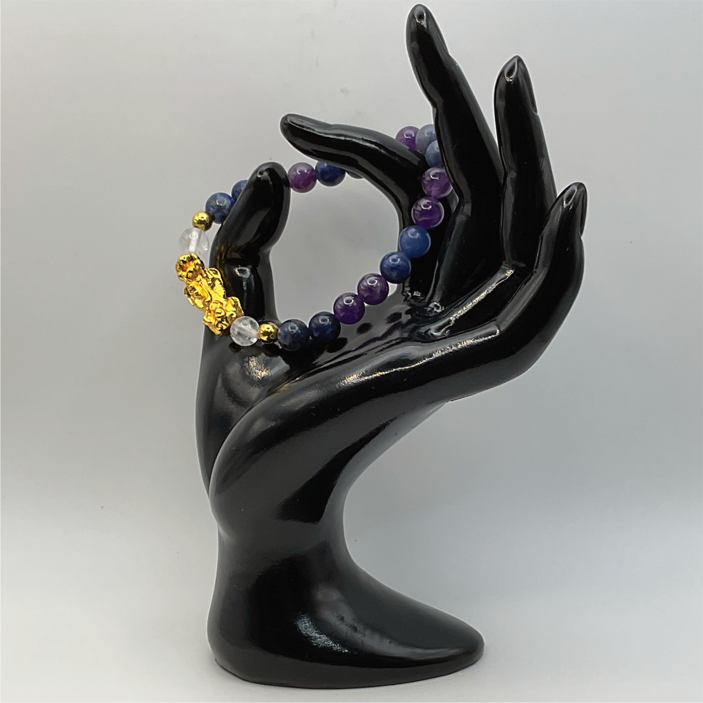 Pulsera de Cuarzo Transparente Pixiu Dragon con Piedra Azul Canadiense y Separadores Dorados
