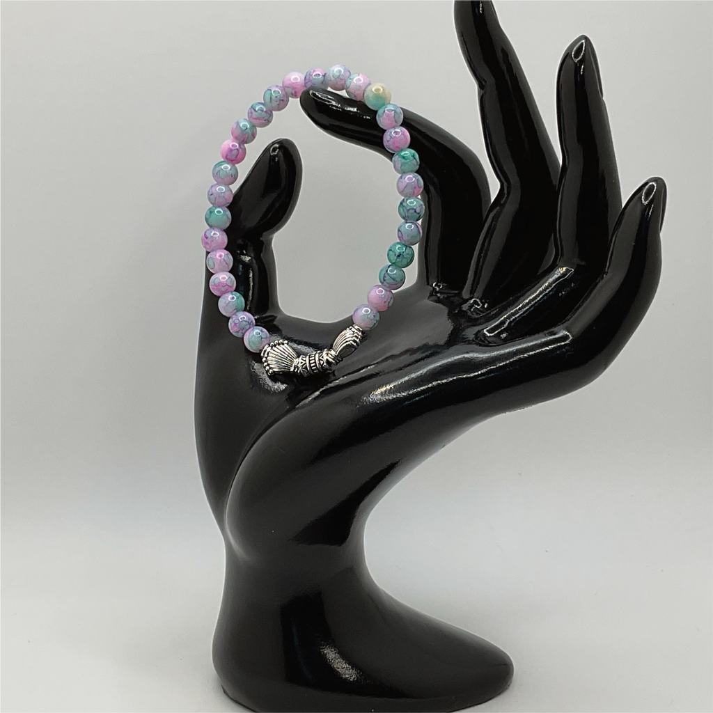 Pink Blue Tealdragon Vein Agate Bracelet with Silver Shell Spacers