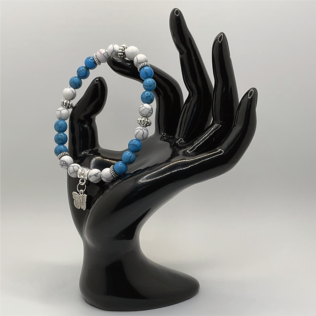 Blue Howlite Magnesite Butterfly Charm Bracelet with Silver Spacers