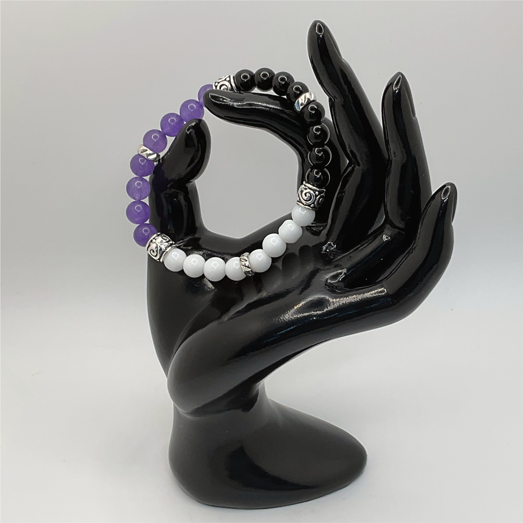 Black Agate Milky Quartz Amethyst Bracelet with Silver Spacers