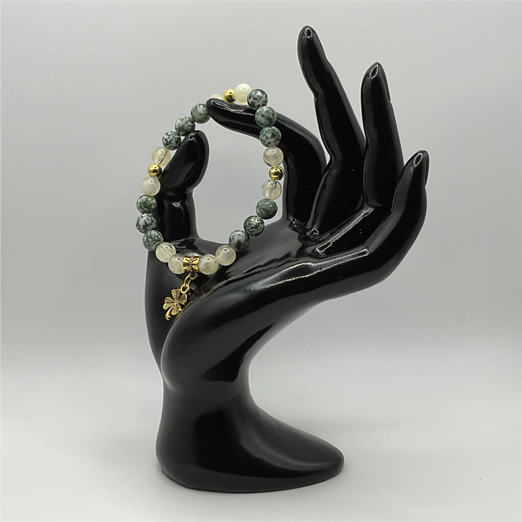 Tree Agate Citrine Shamrock Charm Bracelet with Gold Tone Spacers