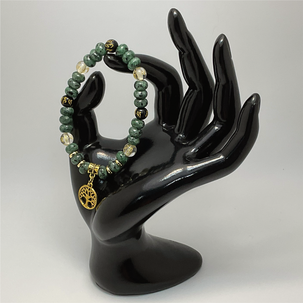 Pulsera de encanto del árbol de la vida de ágata negra citrina rubí en zoisita Pixiu con espaciadores dorados