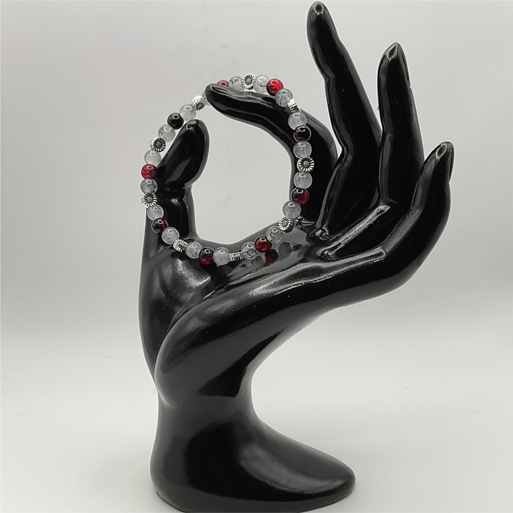 Red Clouded Black and Grey Glass Bracelet with Silver Flower Spacers