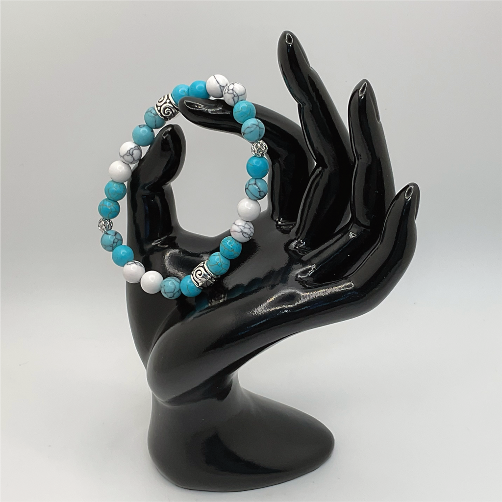 Blue White Howlite Bracelet with Silver Cage and Barrel Spacers