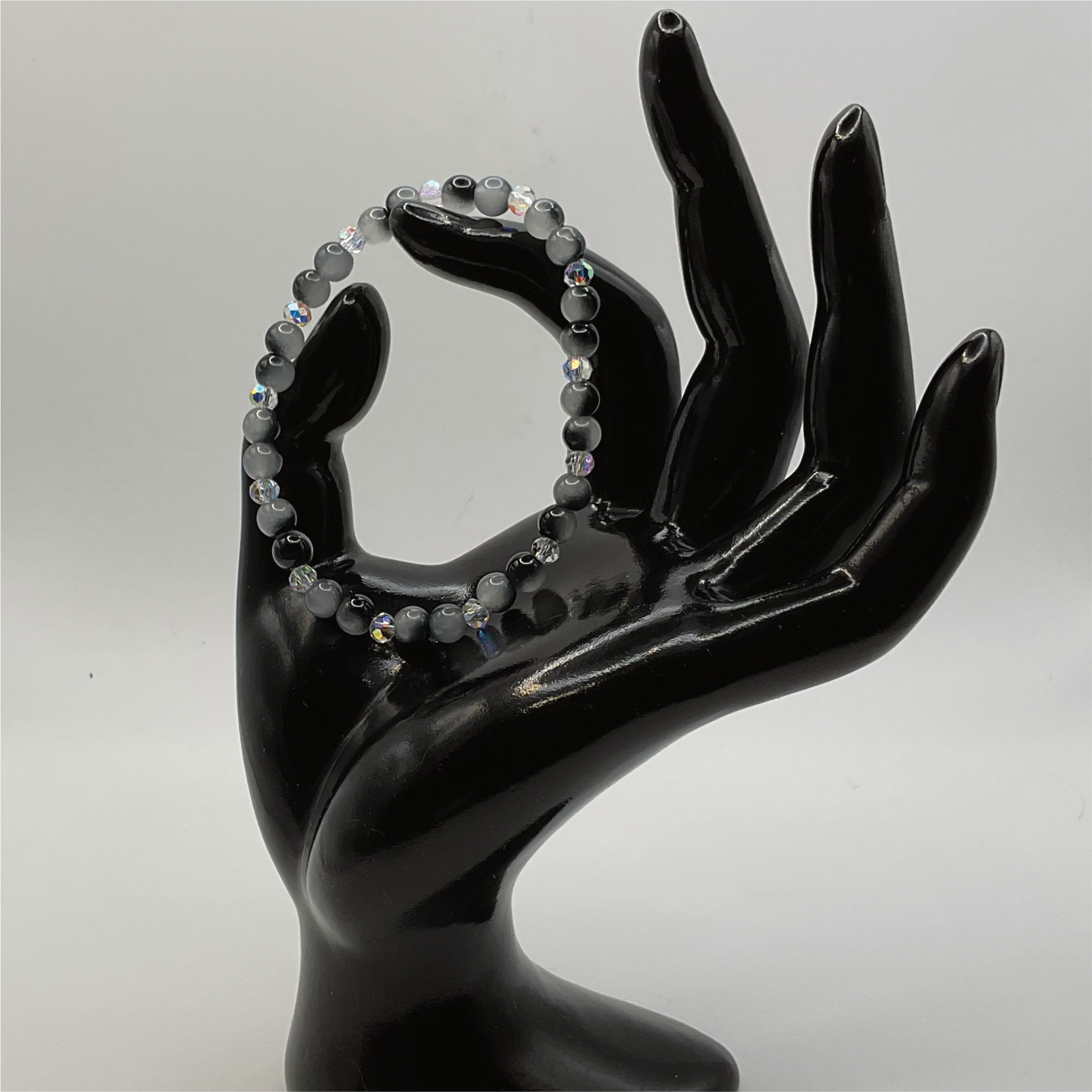 Grey Black Glass Bracelet with Crystal Spacers