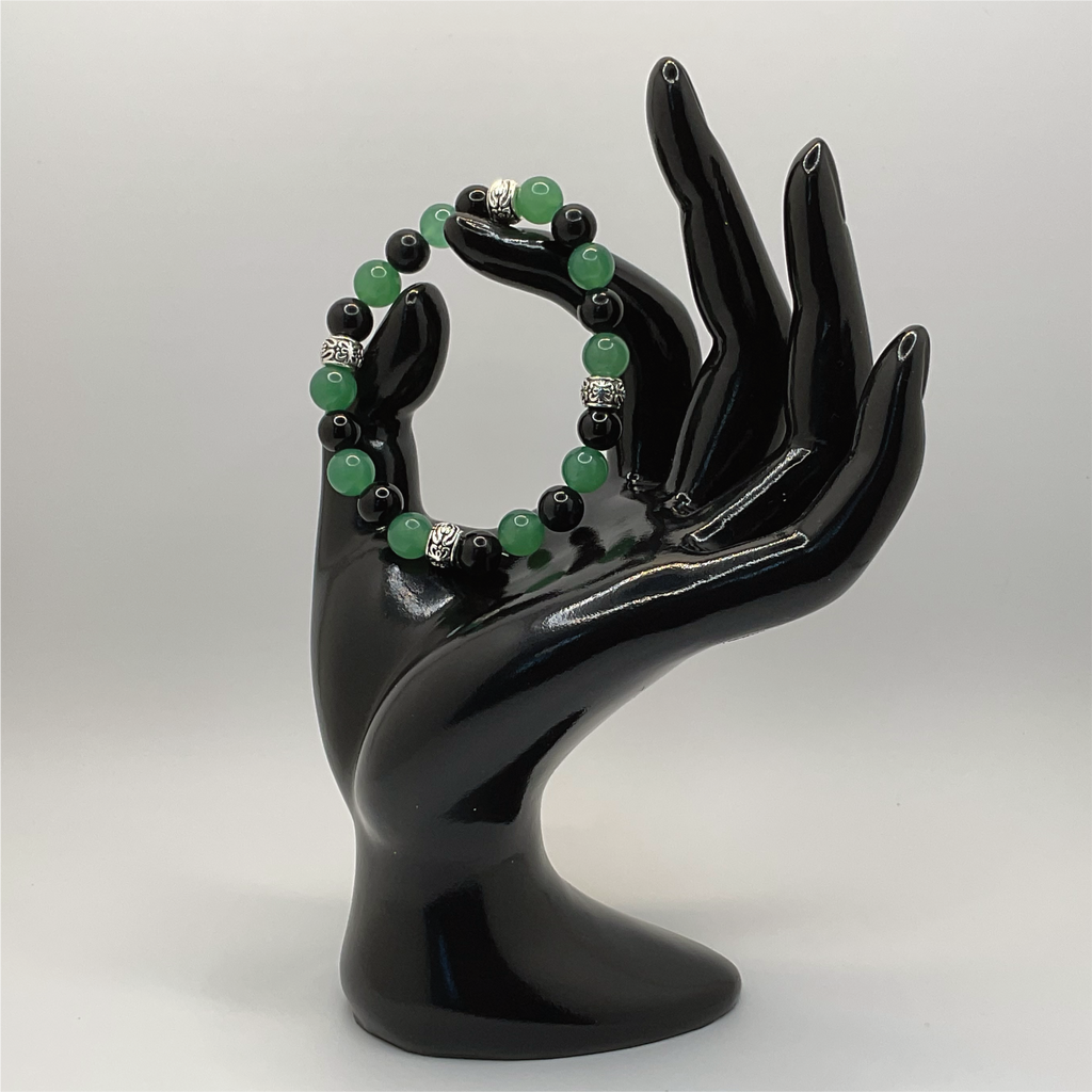 Green Chalcedony Black Agate Bracelet with Silver Spacers