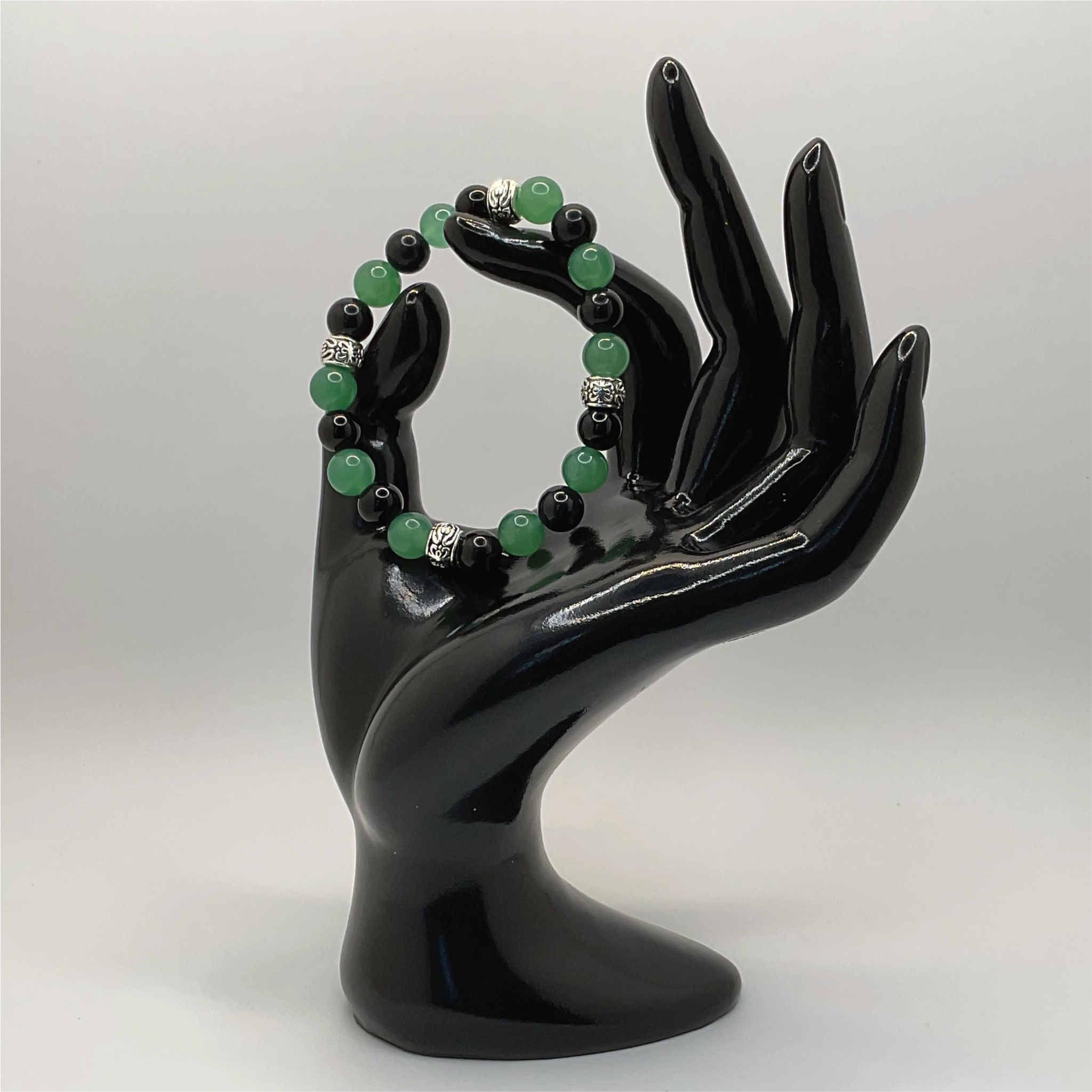 Green Chalcedony Black Agate Bracelet with Silver Spacers