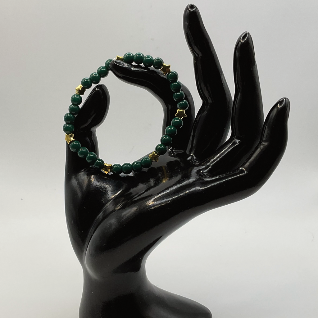 15 cm (5.9") Dark Green Glass Bracelet with Gold Star Spacers