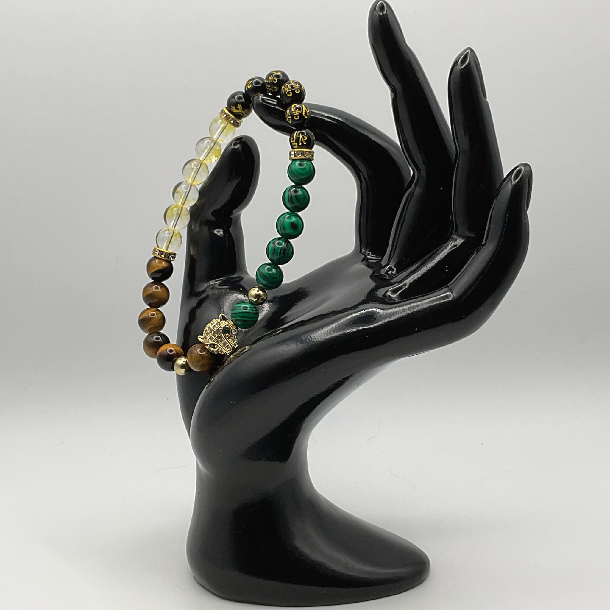 Malacite Tiger's Eye Citrine Black Pixiu Panther Charm Bracelet with Gold Tone and Crystal Spacers