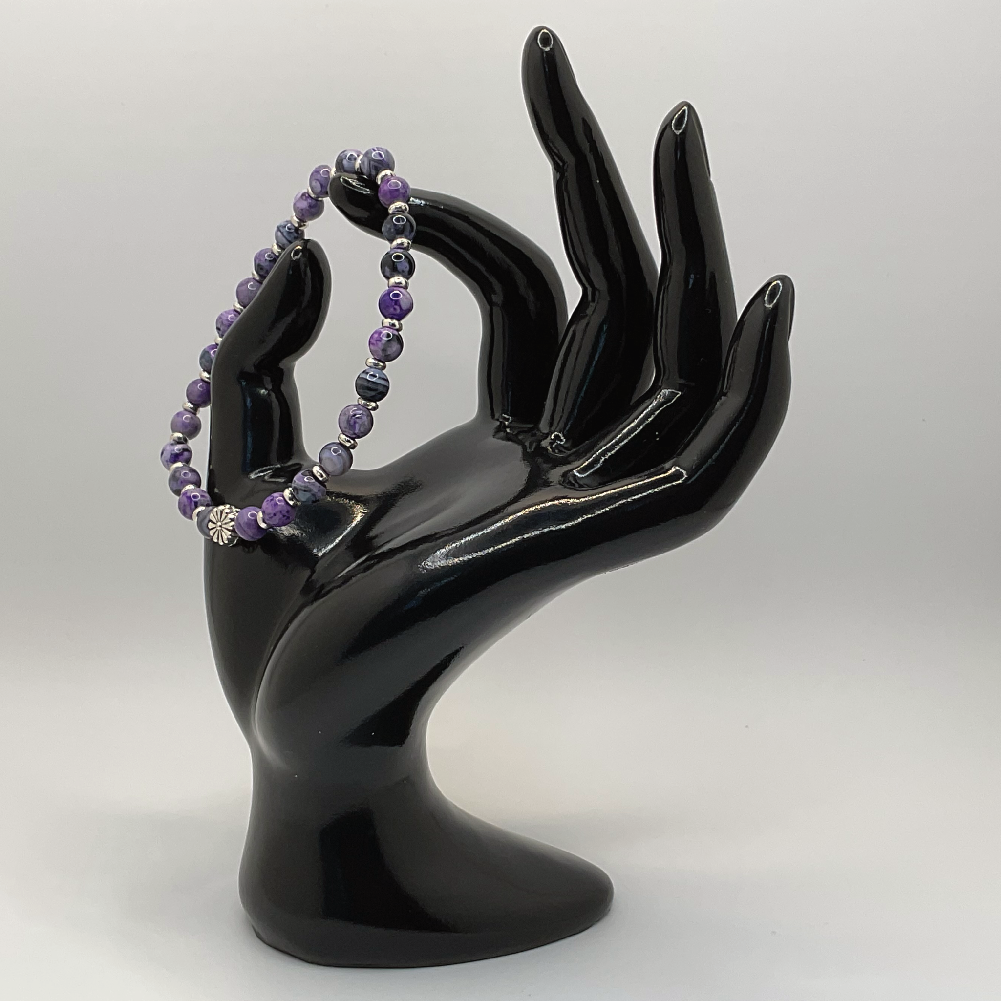 Purple Dragon Vein Agate Flower Charm Bracelet with Tiny Silver Spacers