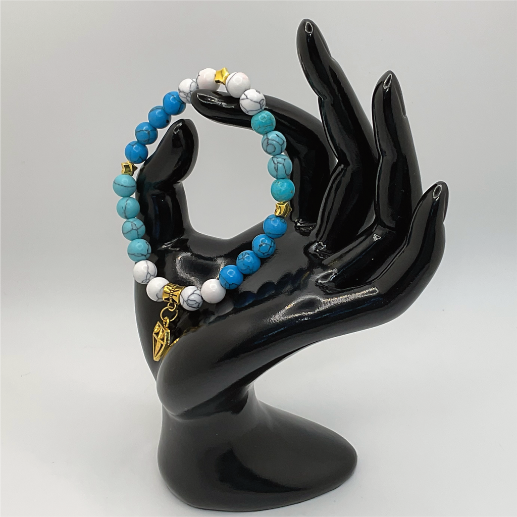 White Blue Howlite Diamond Charm Bracelet with Gold Star Spacers