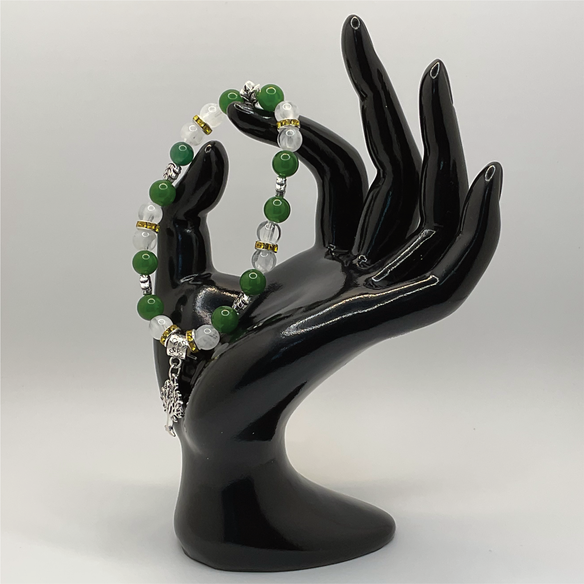 Green Chalcedony Milky Quartz Tree of Life Charm Bracelet with Yellow Crystal Silver Spacers