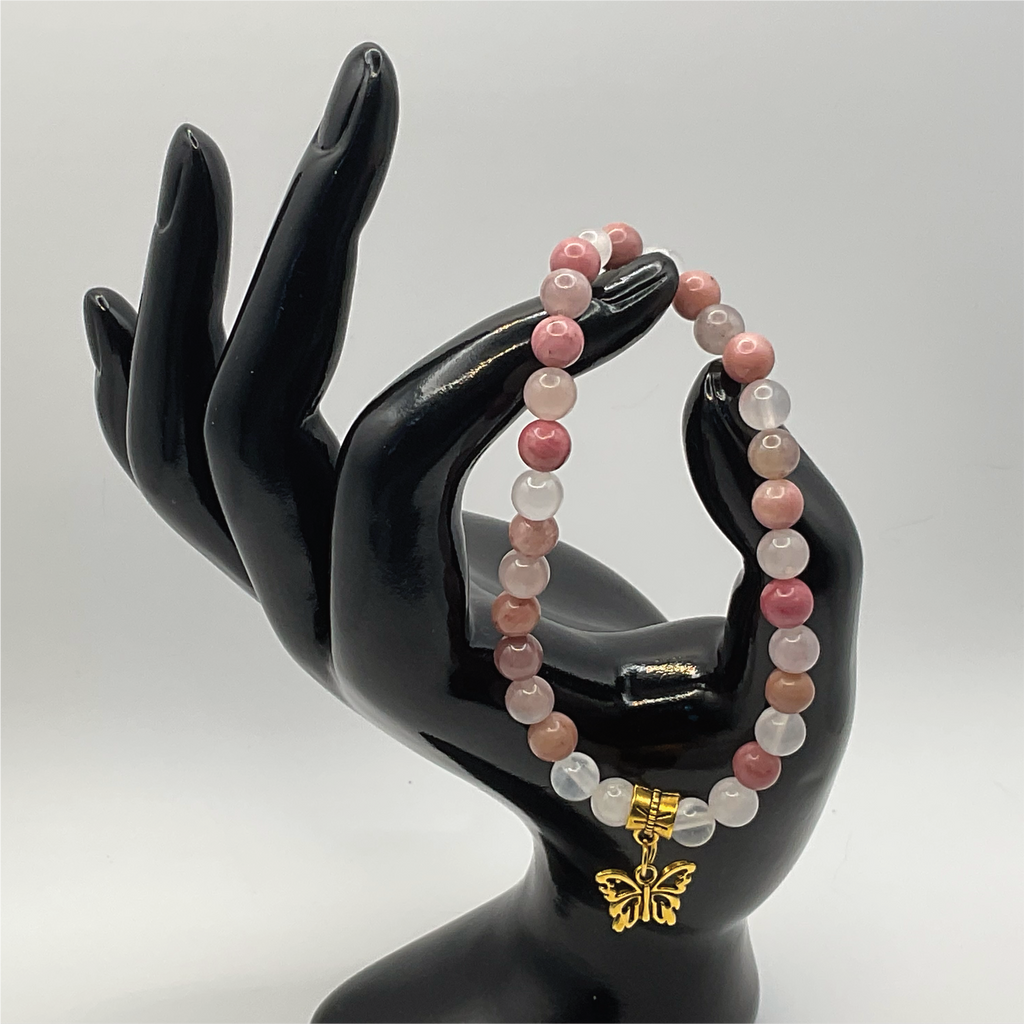 Rose Quartz Milky Quartz Butterfly Charm Bracelet