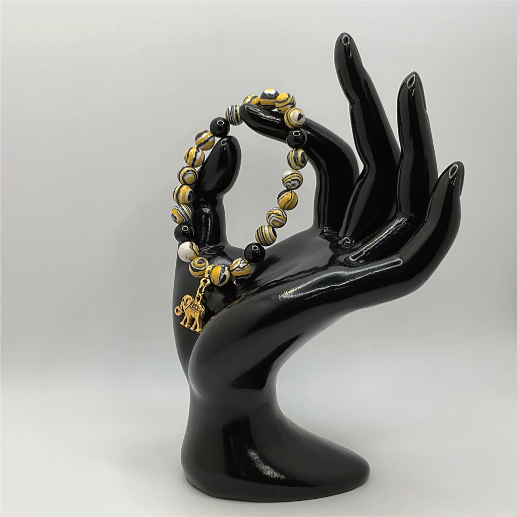 Pulsera con dije de elefante de ágata negra y jaspe de abejorro