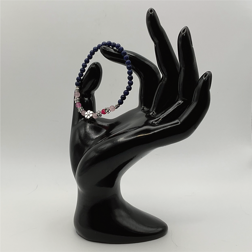 14.5 cm (5.7") Sodalite Pink Dragon Vein Agate Silver Flowers Bracelet