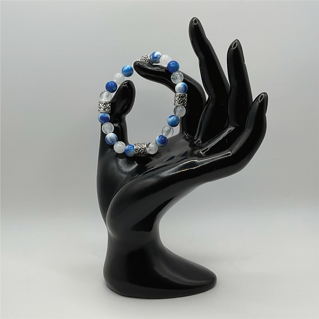 Milky Quartz Blue Dragon Vein Agate Bracelet with Silver Tone Barrel Spacers