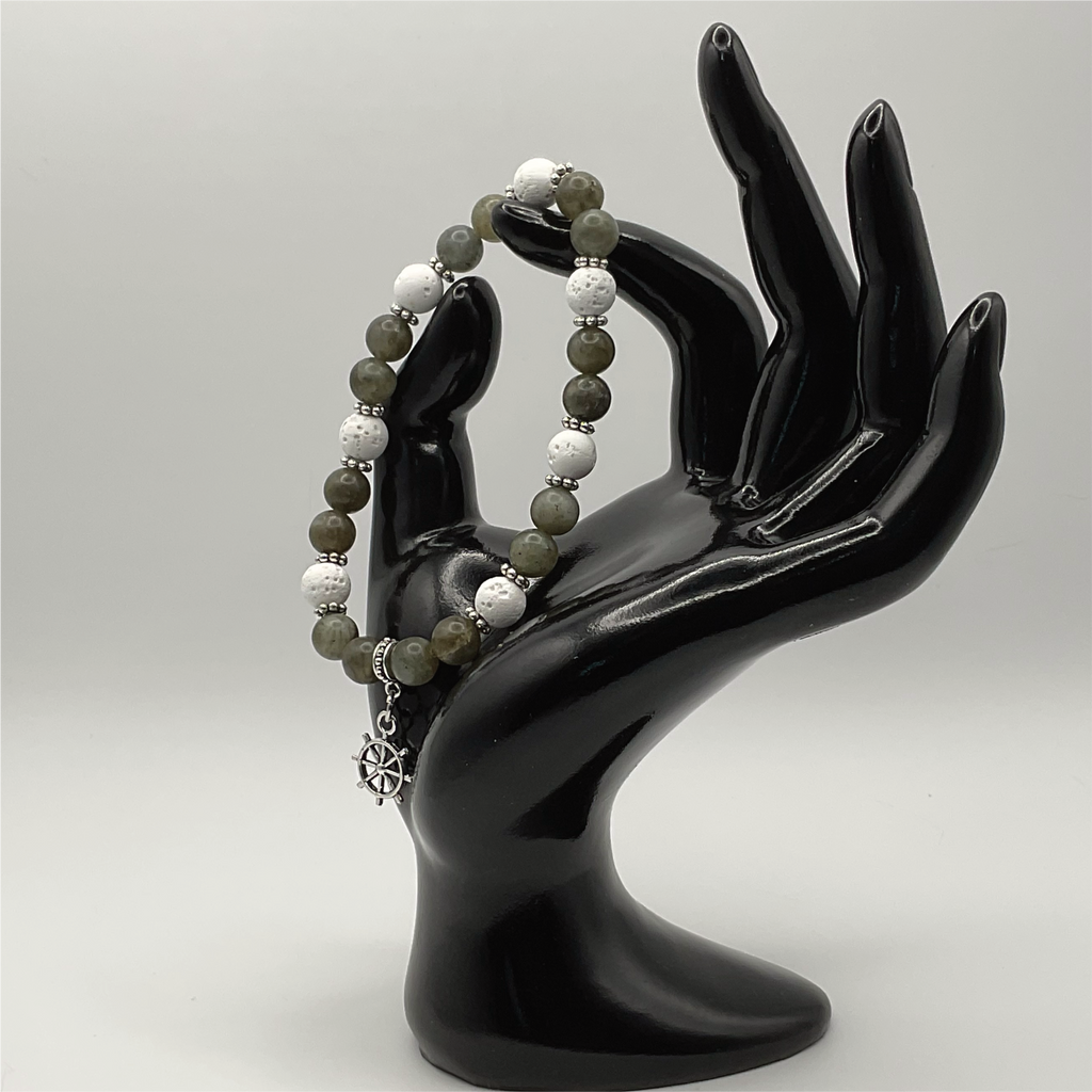 Nephrite Magnesite Nautical Charm Bracelet with Silver Tone Spacers