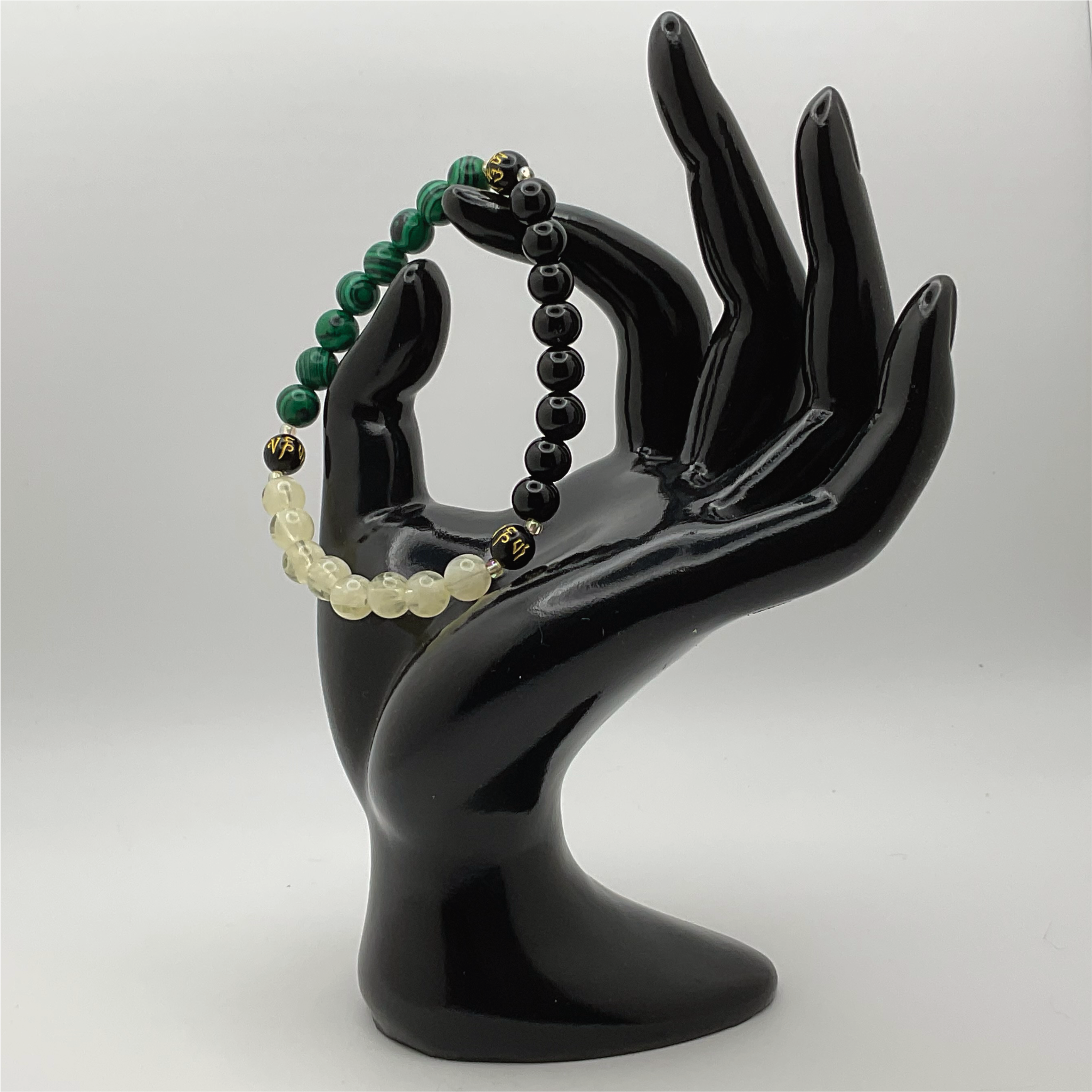Pulsera Pixiu de Prehnita, Ágata Negra, Malaquita y Citrino con Espaciadores de Plata