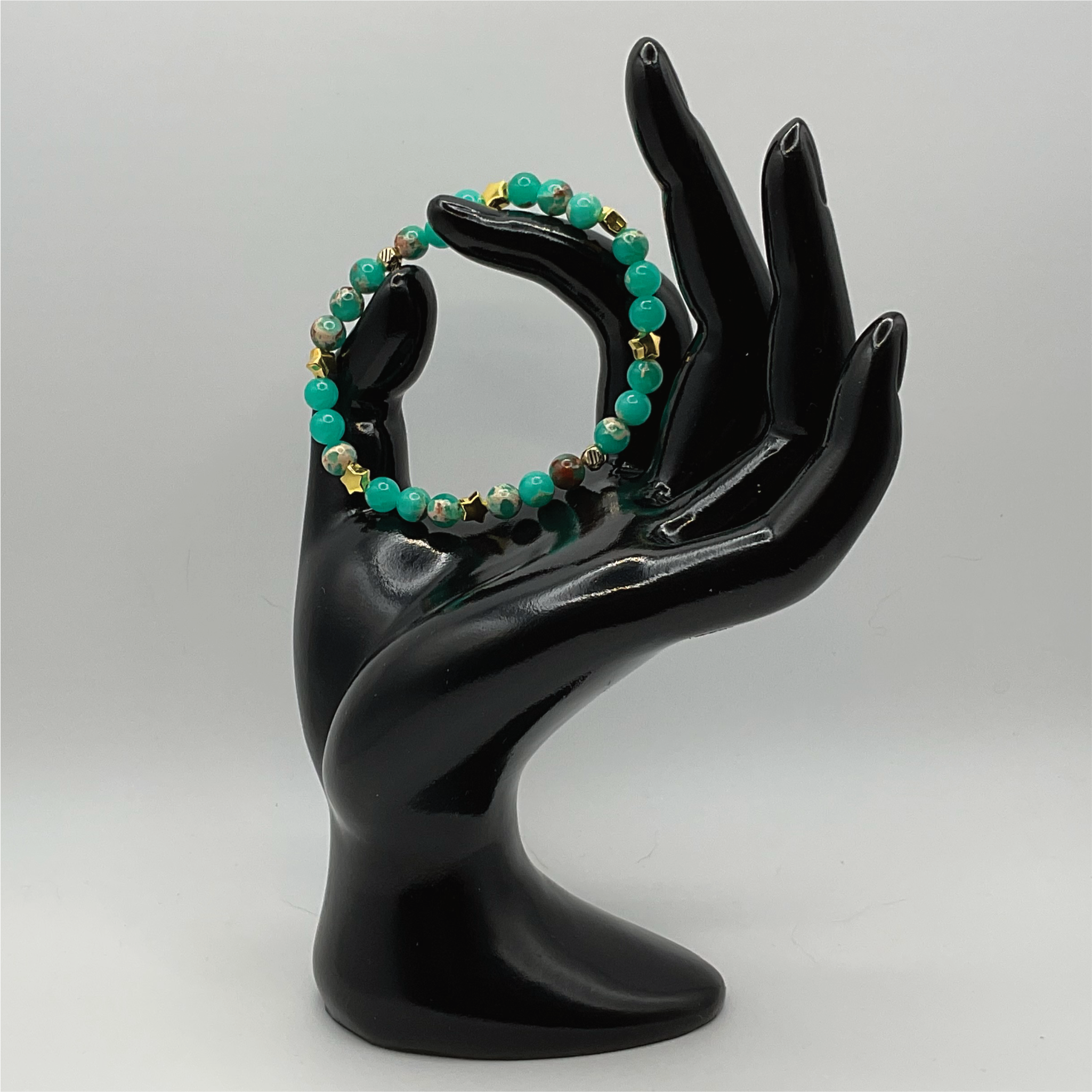 Green Chalcedony Bracelet with Gold Tone Star Spacers