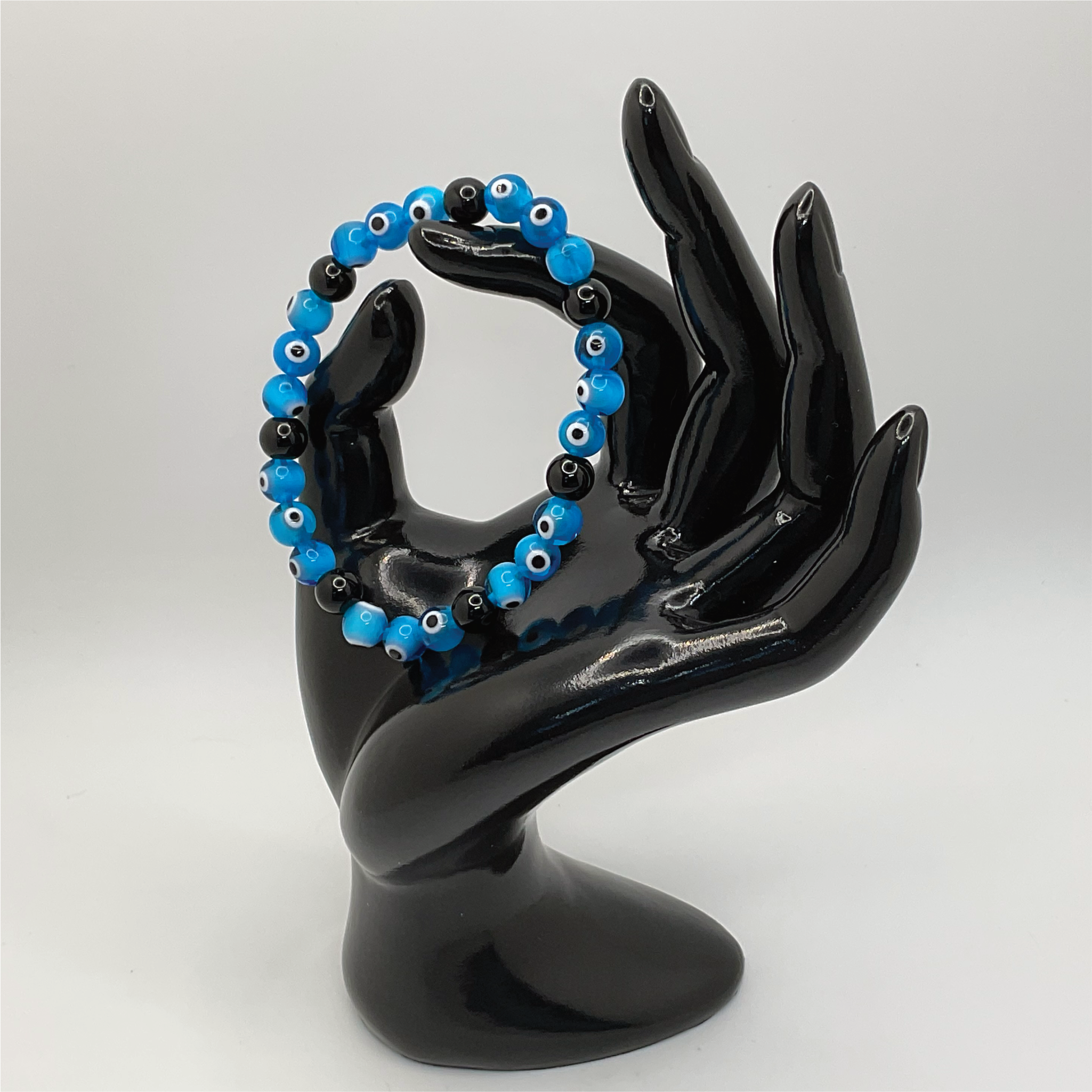 Blue Sea Glass Evil Eye Black Agate Bracelet